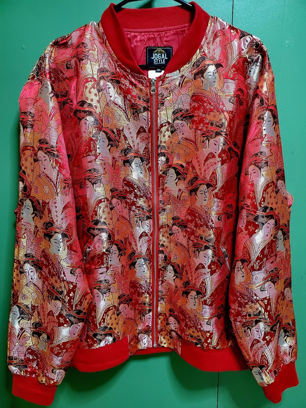 Women's Red Satin Bomber Jacket with Oriental Print